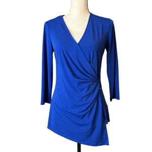 Anne Klein Faux Wrap Tunic Top in Blue with Side Buckle Size Small